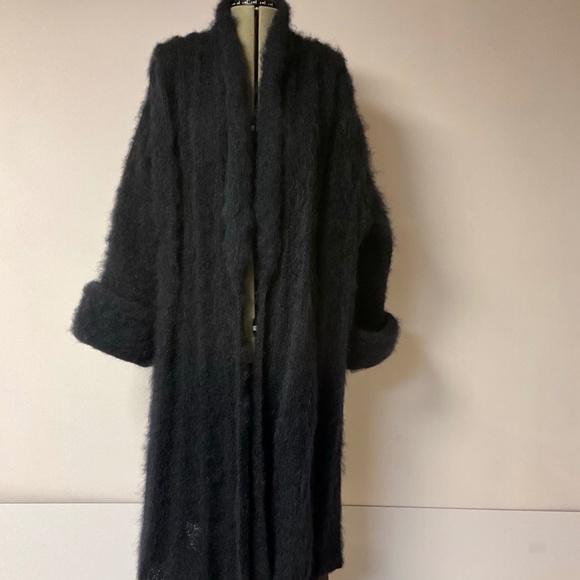 Vintage 100% Wool Fuzzy Longline Coat – Black Shawl Collar Wrap Coat - Picture 2 of 5